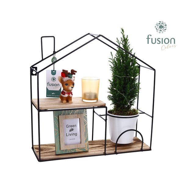 <h4>Wandhuis metaal Kerst met kersthond en Ellwoodii</h4>