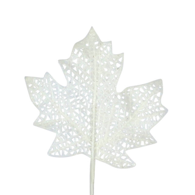 <h4>Bijsteker Esdoornblad glitter 9x9cm+12cm draad wit</h4>