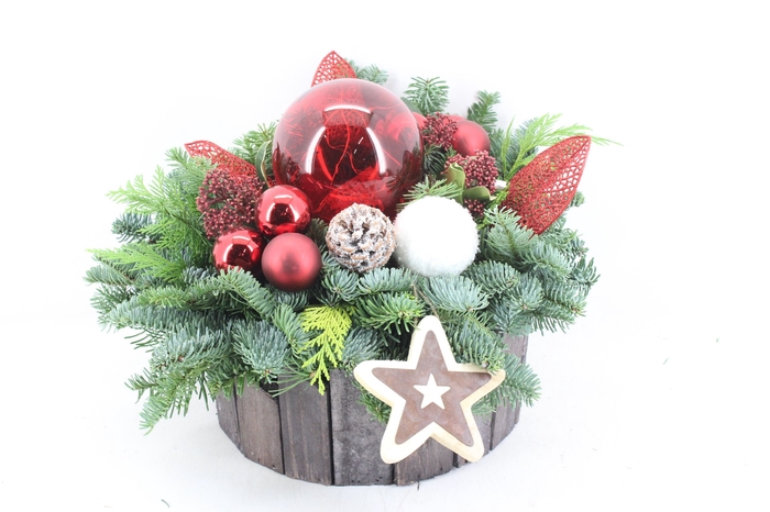 <h4>arr5 Kerst PL - Hout pot grijs LED bol Rood</h4>