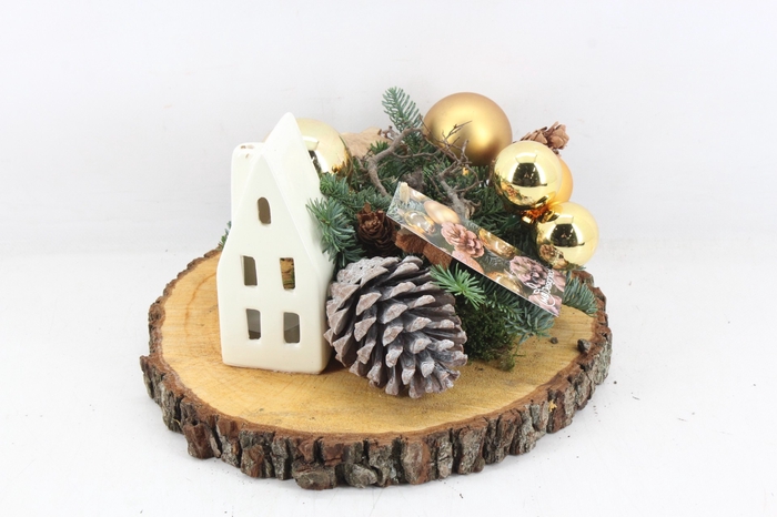 <h4>arr5 Kerst MB488 - Hout schijf ker. kaars huisje goud</h4>